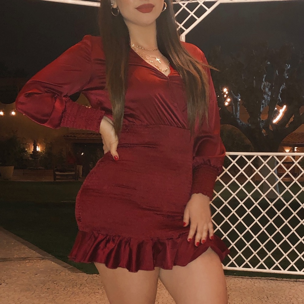 Red satin mini dress